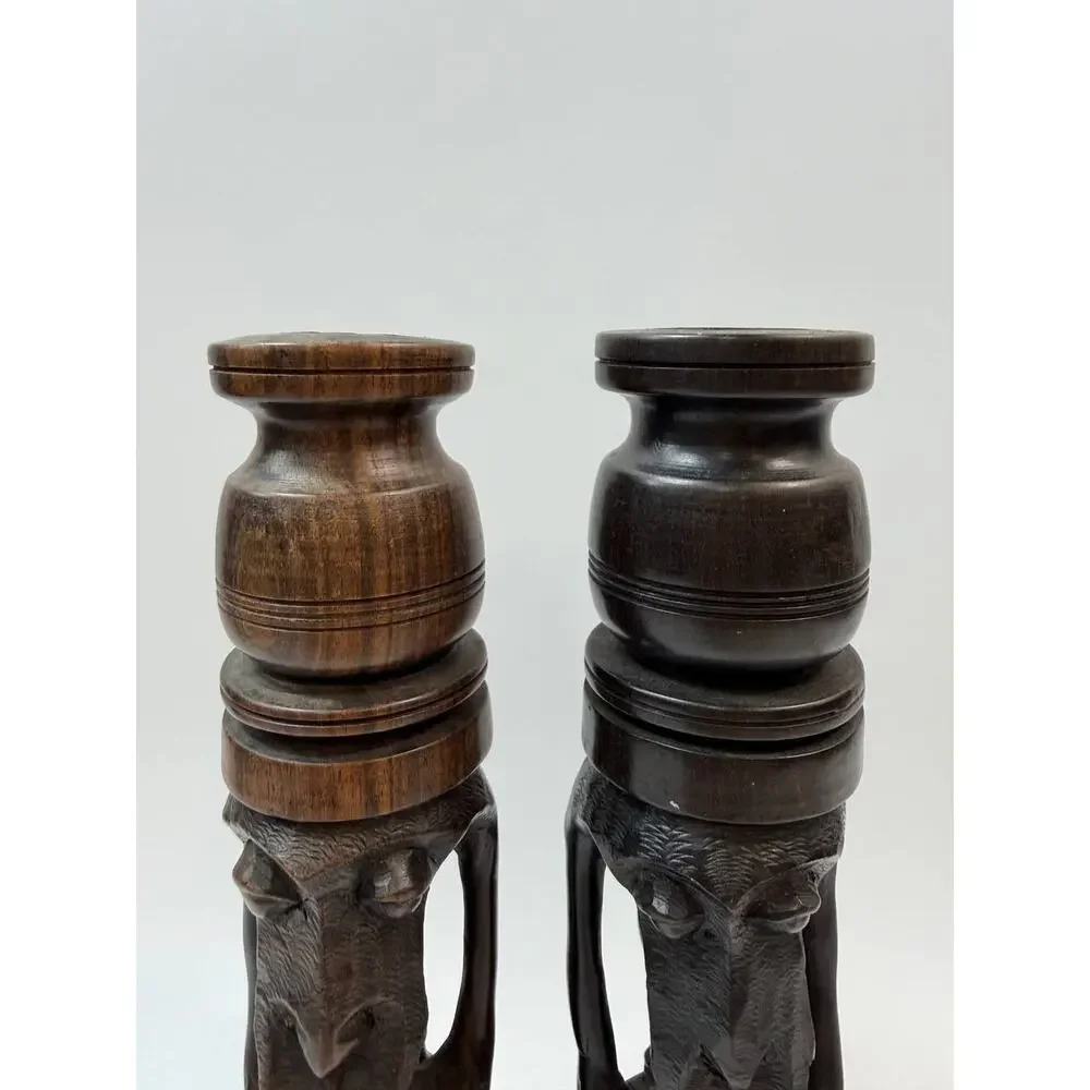 Set 2 Hand Carved Wood Candle Holders Figural Tribal Decor 1.78 lb